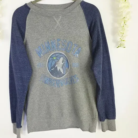 Minnesota Timberwolves Sweatshirt Medium Gray Blue Raglan NBA Athleisure Unisex - Picture 4 of 9